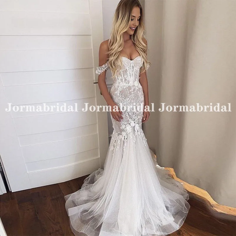 Sexy Mermaid Boho Wedding Dresses With 3D Flower Lace Off the Shoulder Sweetheart Neckline Boning Bridal Gowns suknie ślubne