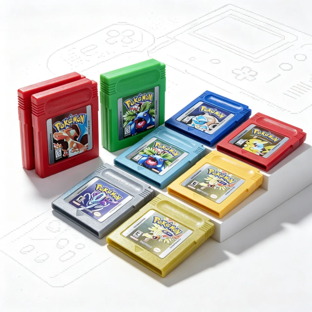 • 7 Pokémon 16-Bit GBC-Spielmodule in den Farben Rot, Blau, Grün, Gold, Silber, Crystal, Gelb, USA/FRA/NOE/ESP-Version, Englisch