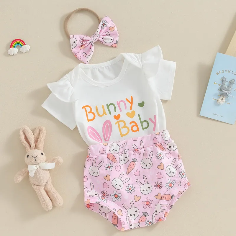 

Baby Girls Shorts Set, Short Sleeve Letters Print Romper with Rabbit Print Shorts and Hairband Summer Outfit