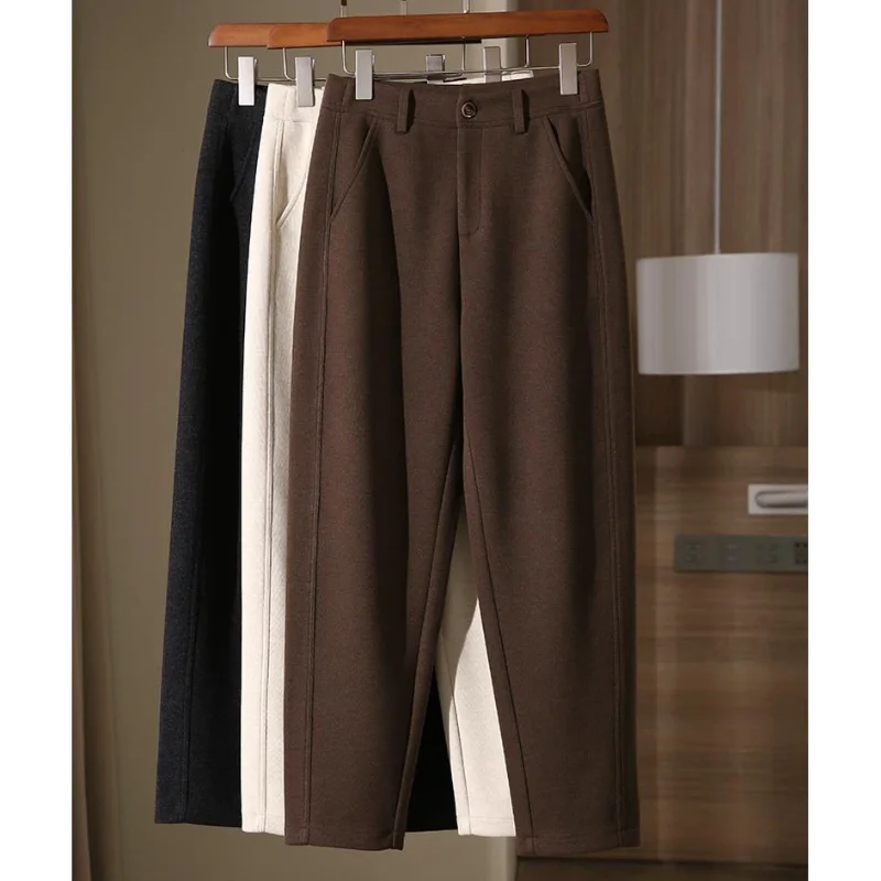 Women's Wool Blend Wide Leg Cropped Pants High Waist Loose Fit Straight Harlan Casual Suit Trousers