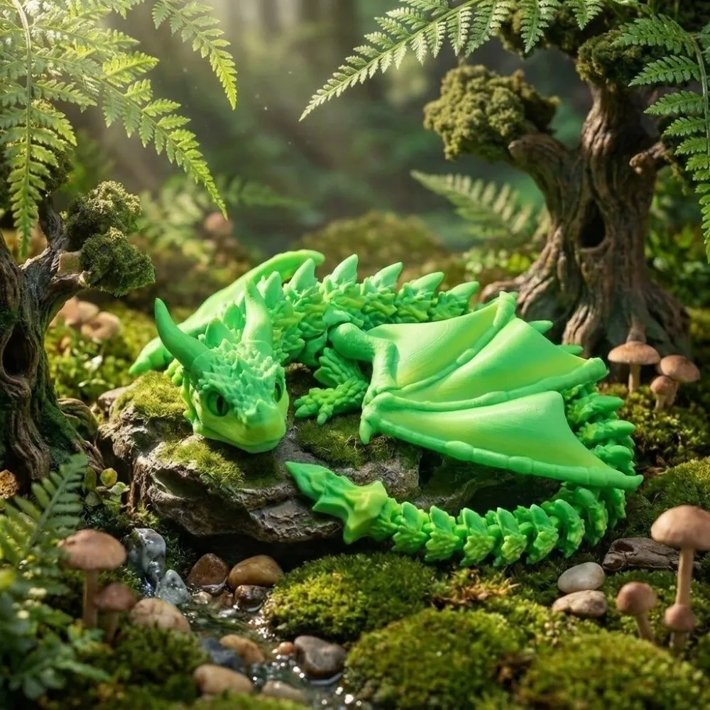 3D Printed Articulated Dragon Multi-Joint Flexible Dragon Figurine Double Horn Changing Mysterious Eyes Winged Dragon Model