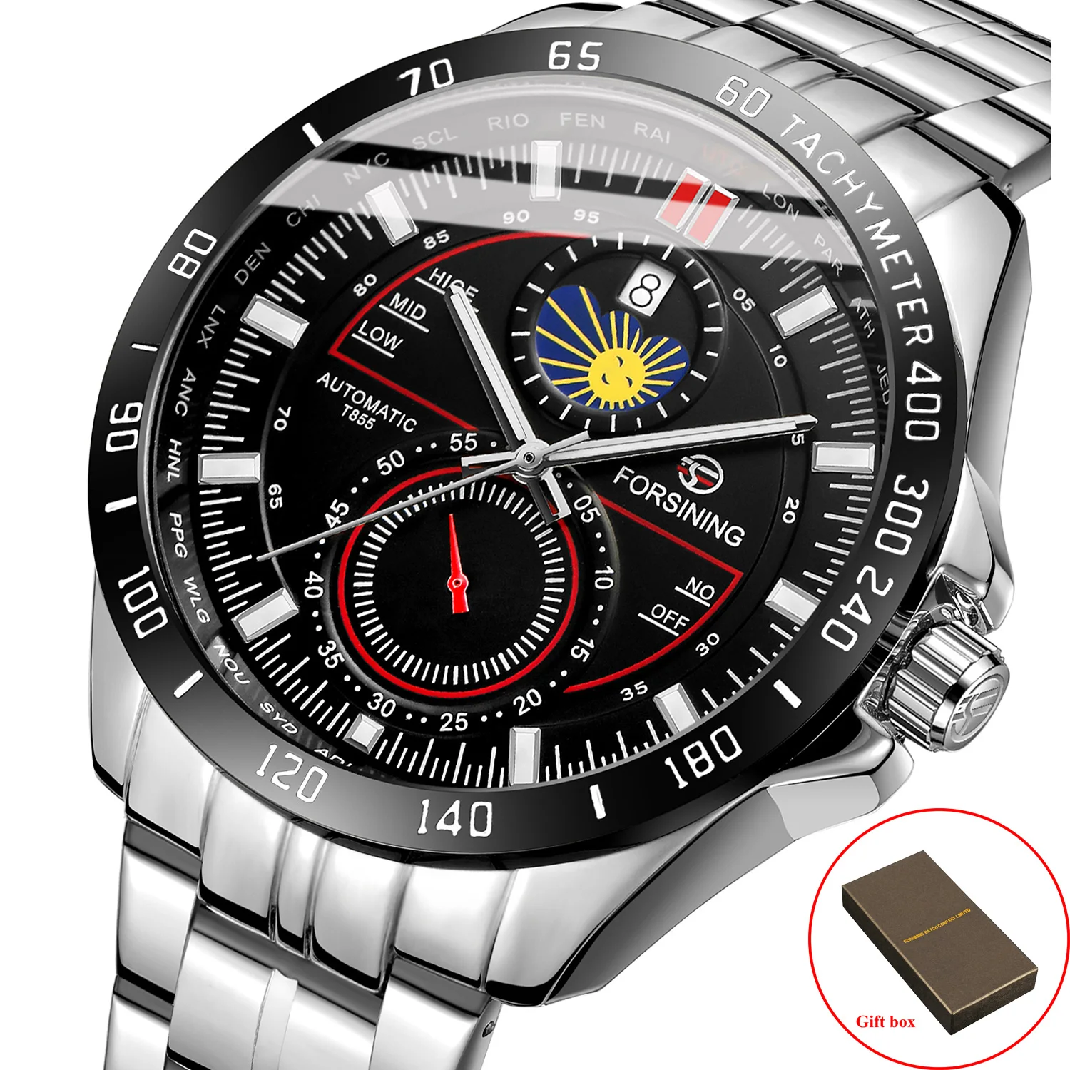 Forsining Two Dial Calendar Stainless Steel Men Mechanical Automatic Wrist Watches Top Brand Luxury Military Sport Male Clock