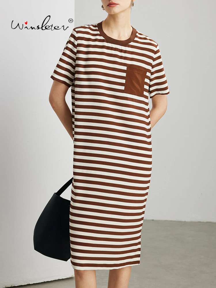 Winsleter-100%Real Silk Elegant Dress, O Neck Short Sleeve Striped, Women Fashion Versatile Dresses, 2026 Spring New D61345CC