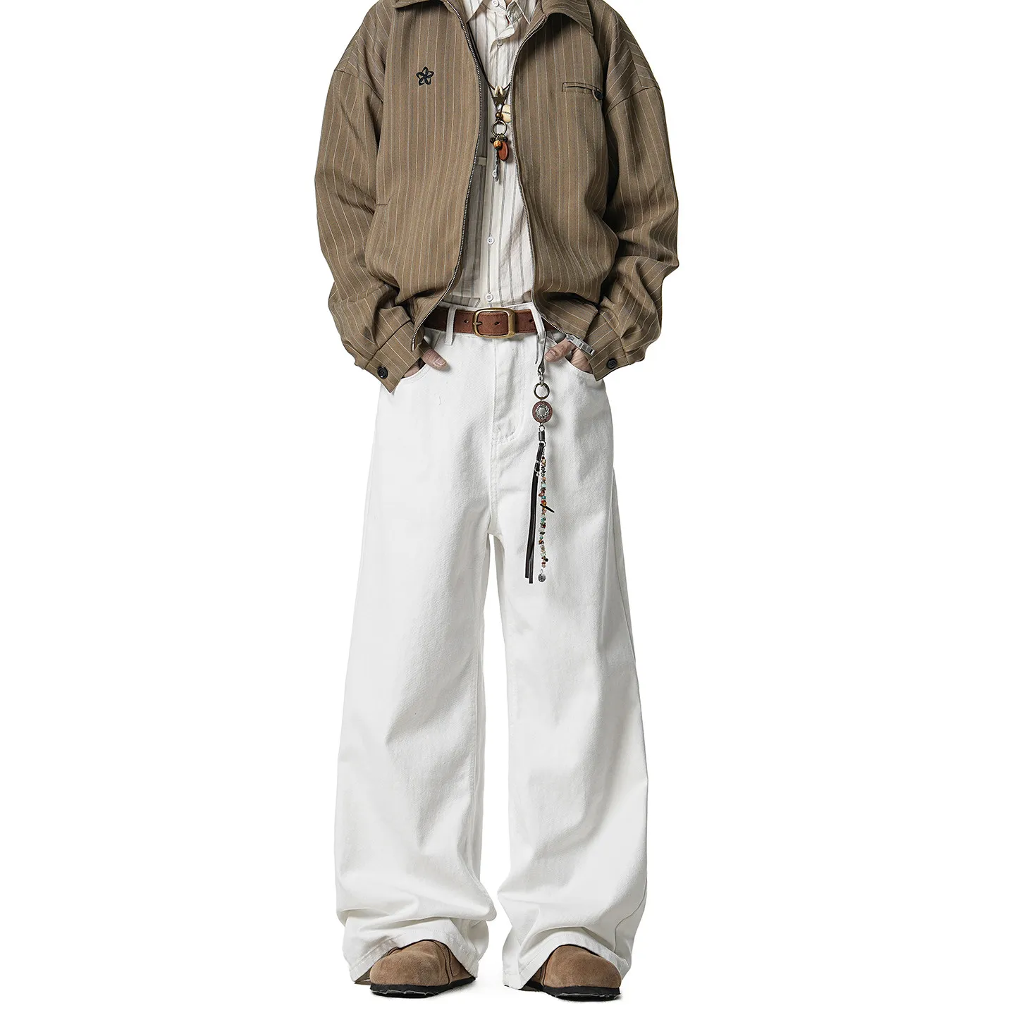 Vintage 100% Cotton White Washed Denim Jeans for Men Straight Wide Leg Relaxed Fit Casual Pants for Spring Autumn Long Trousers