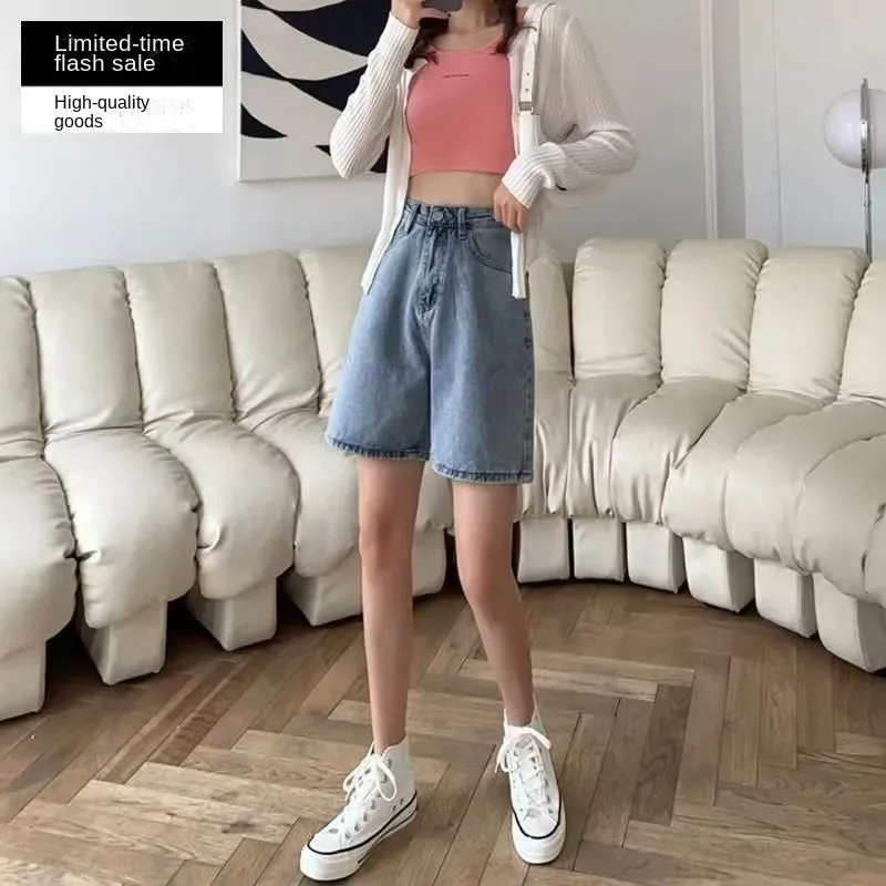 

Shorts Female Jeans Denim Shorts High Waist Loose Fit Summer Wide Leg Cropped Thin Slim Midi Pants New