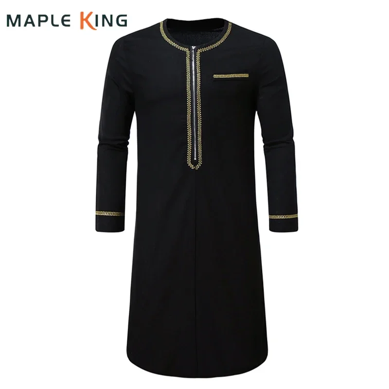 Arabic Clothes for Men Robe Embroidery Designer Luxury Saudi Dress Zipper Thobe Muslim Cosplay Party Mens Long Sleeve T-shirts