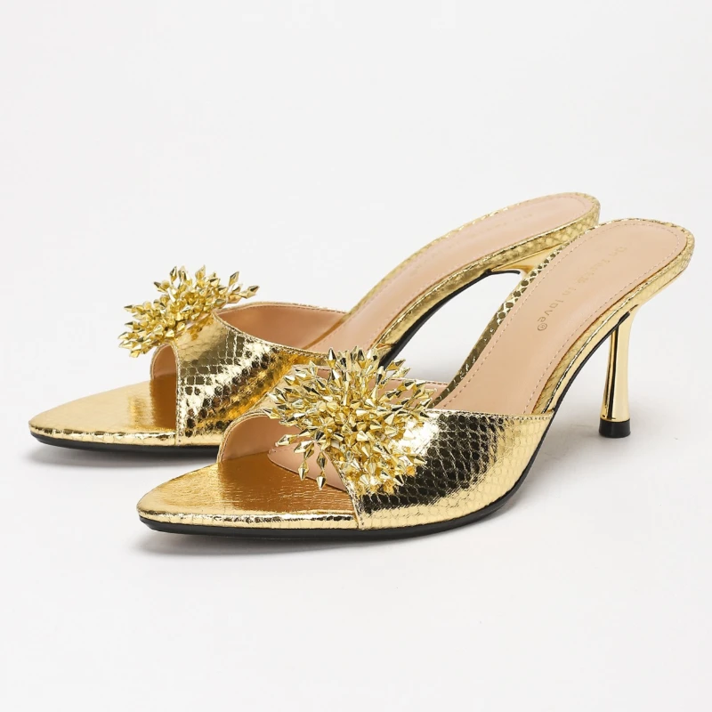 

Sexy Peep Toe Snake Print Gold Heeled Slippers Women Flower Decoration Slide Sandals Luxury Party Evening Dress Heels for Ladies