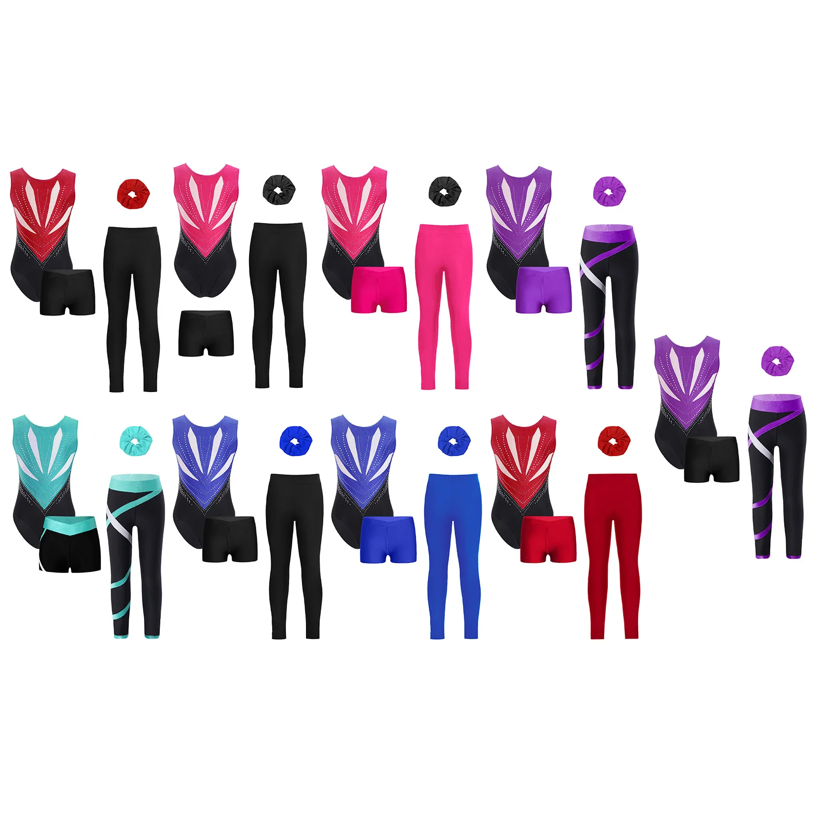 

Kids Girls Ballet Gymnastics Sets Sports Outfit Sleeveless Bowknot Rhinestones Leotard with Shorts Leggings and Hair Band