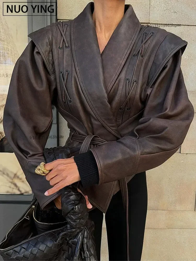 سترة جلدية نسائية قصيرة مع حزام ، ياقة مطوية لأسفل ، معطف دراجة نارية بأكمام طويلة ، ملابس خارجية شتوية دافئة للسيدات ، موضة الشارع
