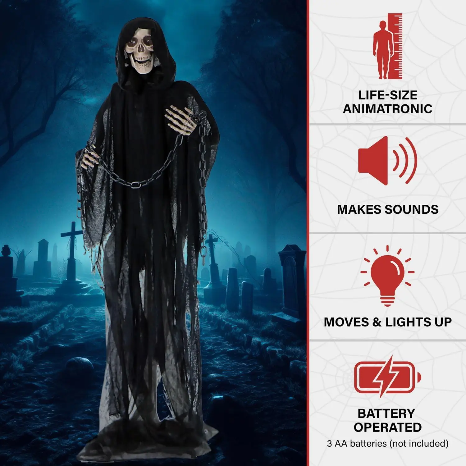 Life-Size Scary Grim Reaper with Chain, Halloween Animatronic Touch Activated Lights and Sounds, Battery Operated Indoor or