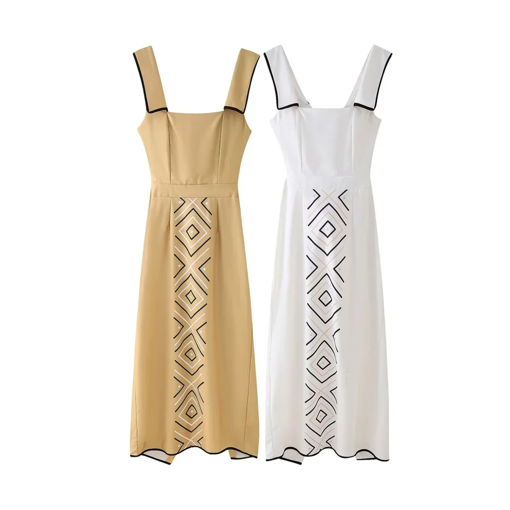 Ladies Fashion Print Square Neck Maxi Women Summer Dress Elegant Sleeveless Slim Dresses Female Vintage High Street Vestidos