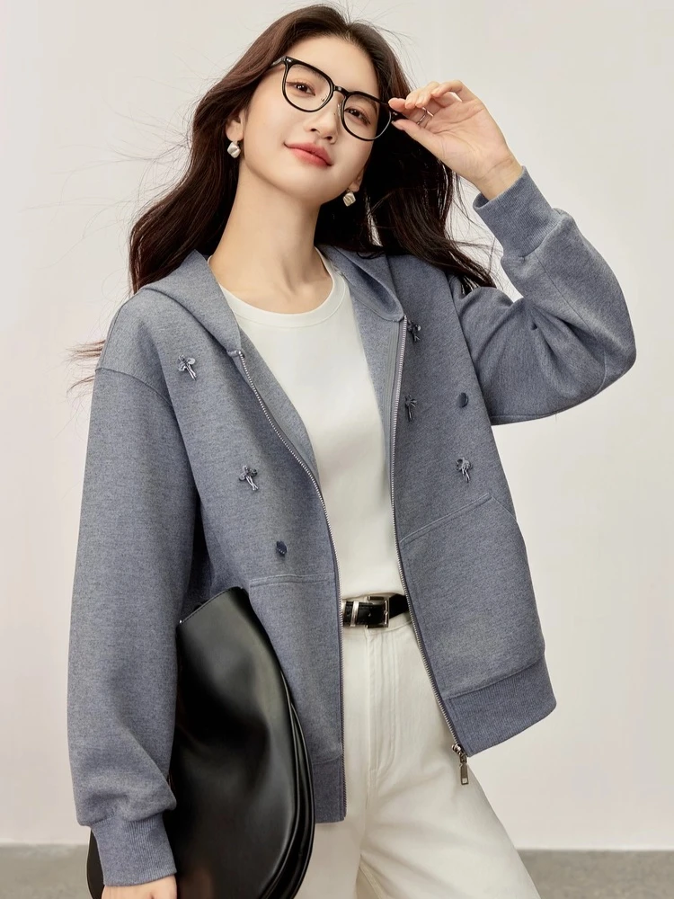 

SENTUBILA Woman's Sports Jacket 2025 Autumn Casual Handmade Nail Bead Hoodie Coat Long Sleeve Loose Gray Short Coat 153WC2052