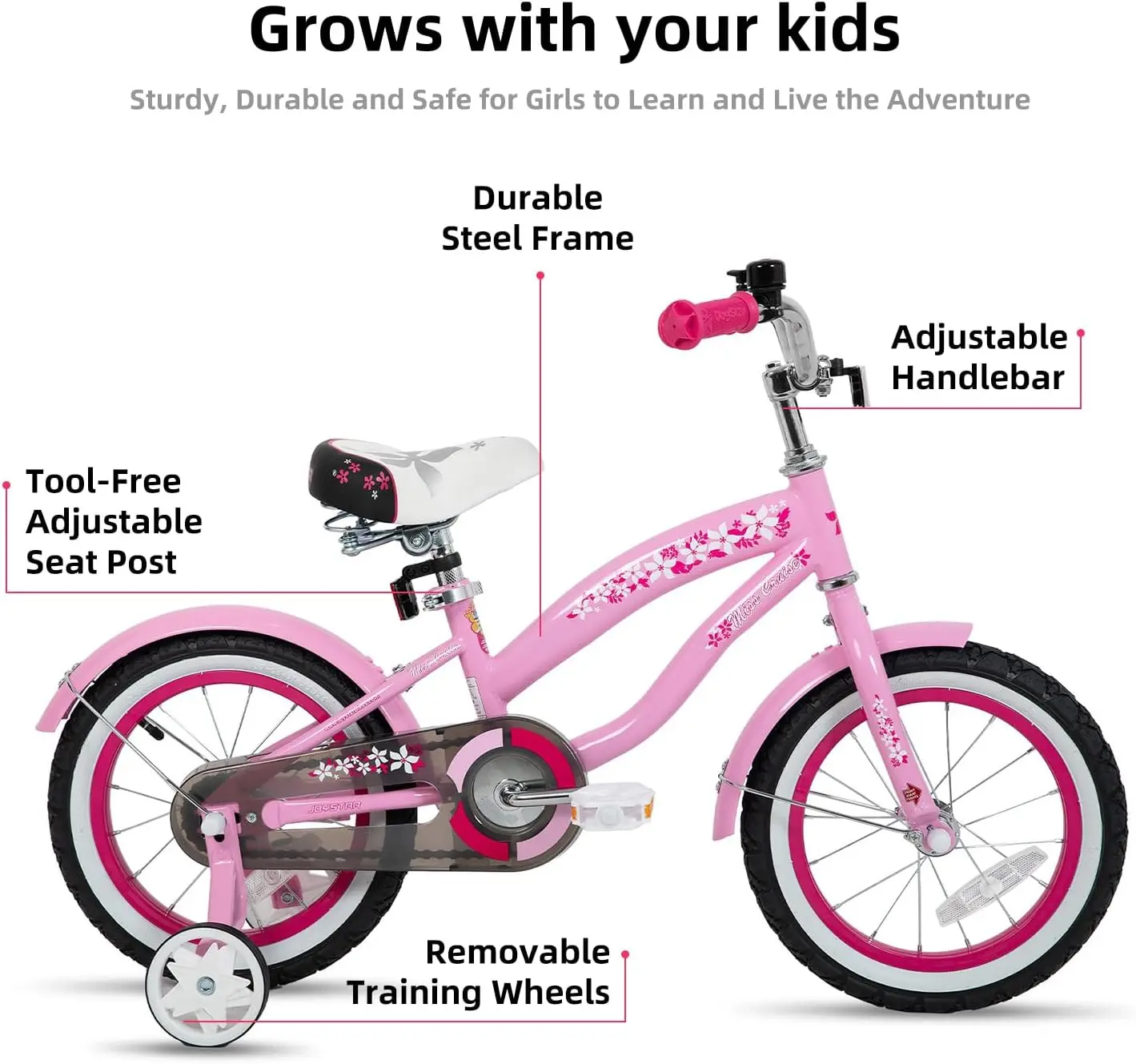 Bici da crociera per bambini da 14 pollici per bambini di età compresa tra 2 e 7 anni, bici per bambini con ruote da allenamento e freno a sottobicchiere, crociera per bambini
