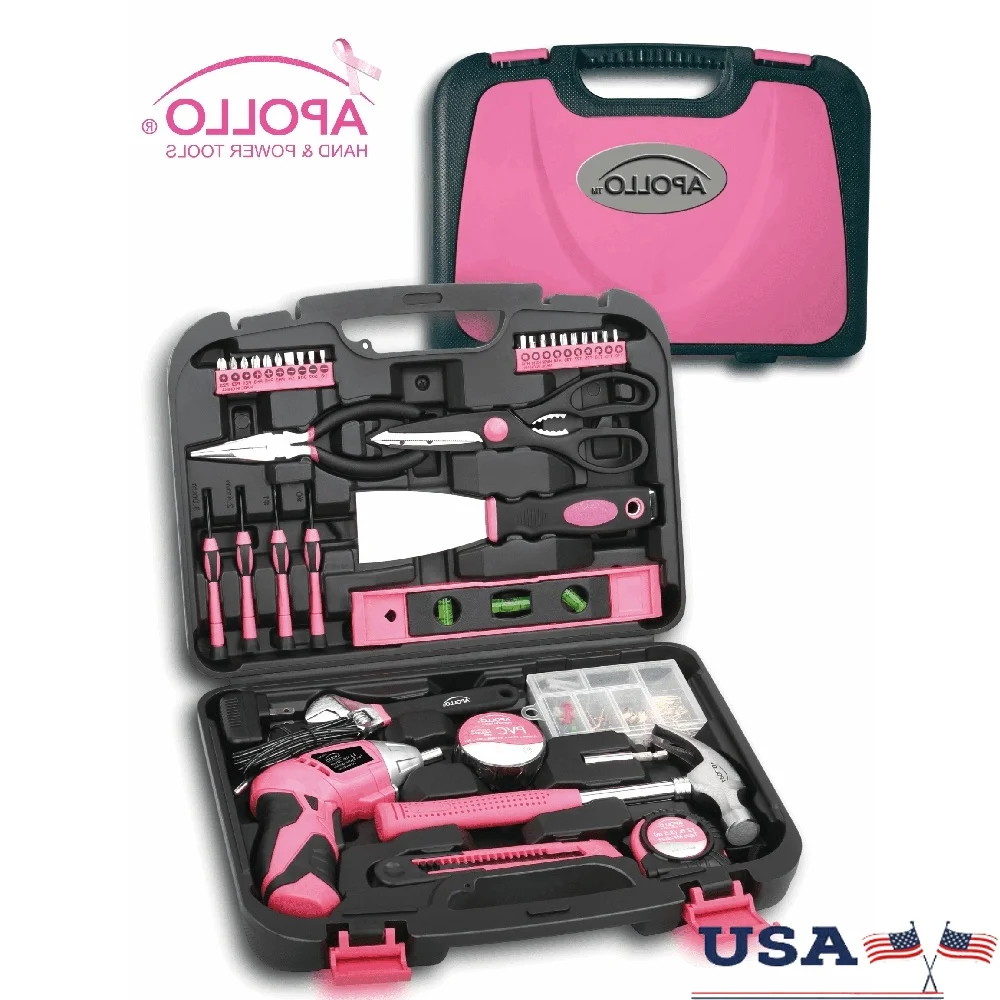 

Розовый набор бытовых инструментов из 135 предметов с аккумуляторной отверткой двойного угла 3,6 В и основными ручными инструментами, проекты «сделай сам»