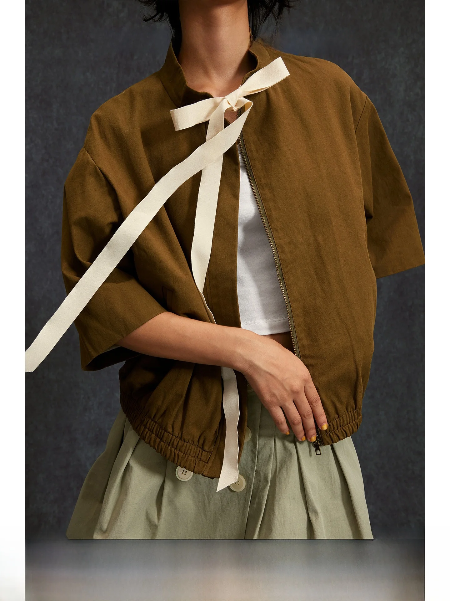 

Женская весенняя новая модная короткая куртка-жакет с воротником-стойкой, молнией и узлом, 100% хлопок, верхняя одежда