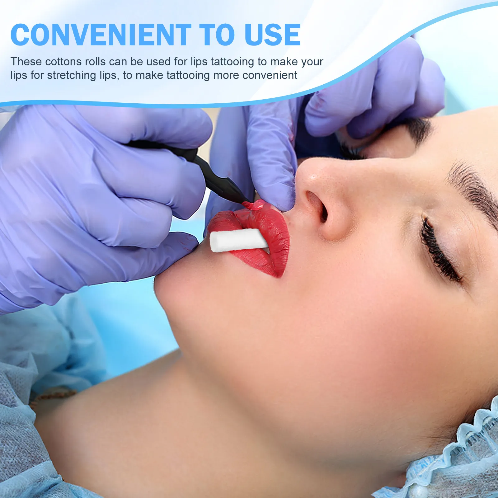 

1 упаковка абсорбирующих ватных рулонов для татуажа губ, использования в качестве тампонов при кровотечении из носа, стоматологических целей и в качестве тампонов для остановки носового кровотечения