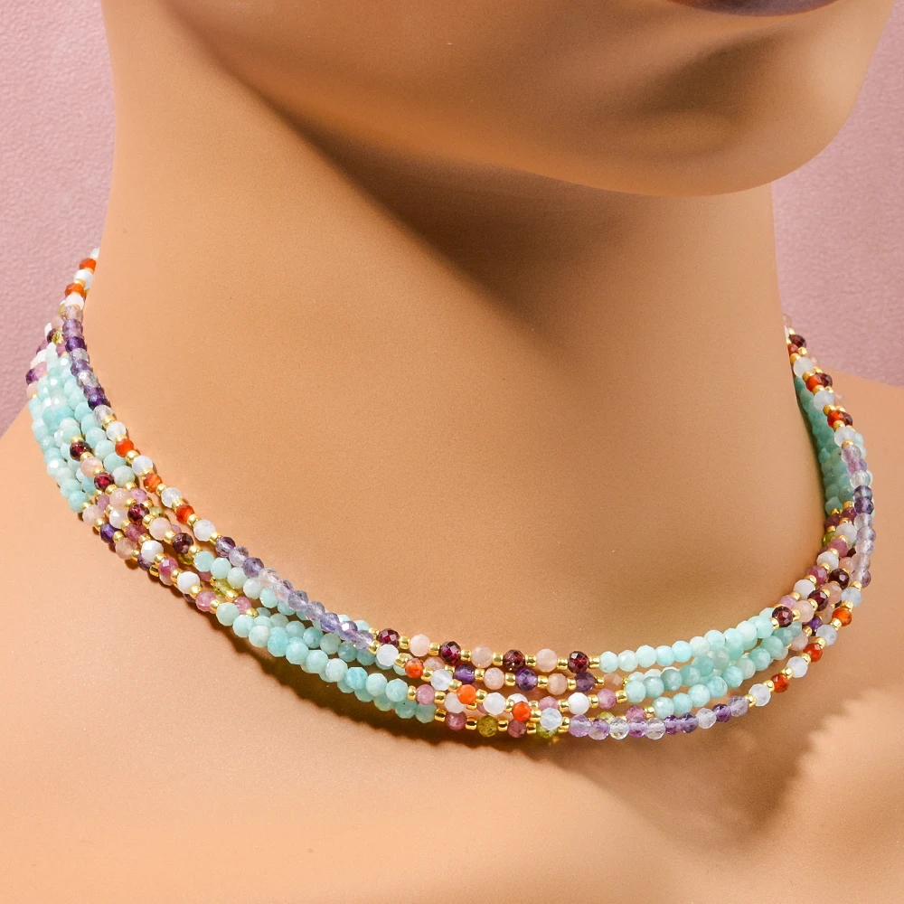 3mm Natural Stone Brazil Amazonite Garnet Sunston Faceted Round Bead Bohemian Style Stackable Necklace for Women Daily Vacation