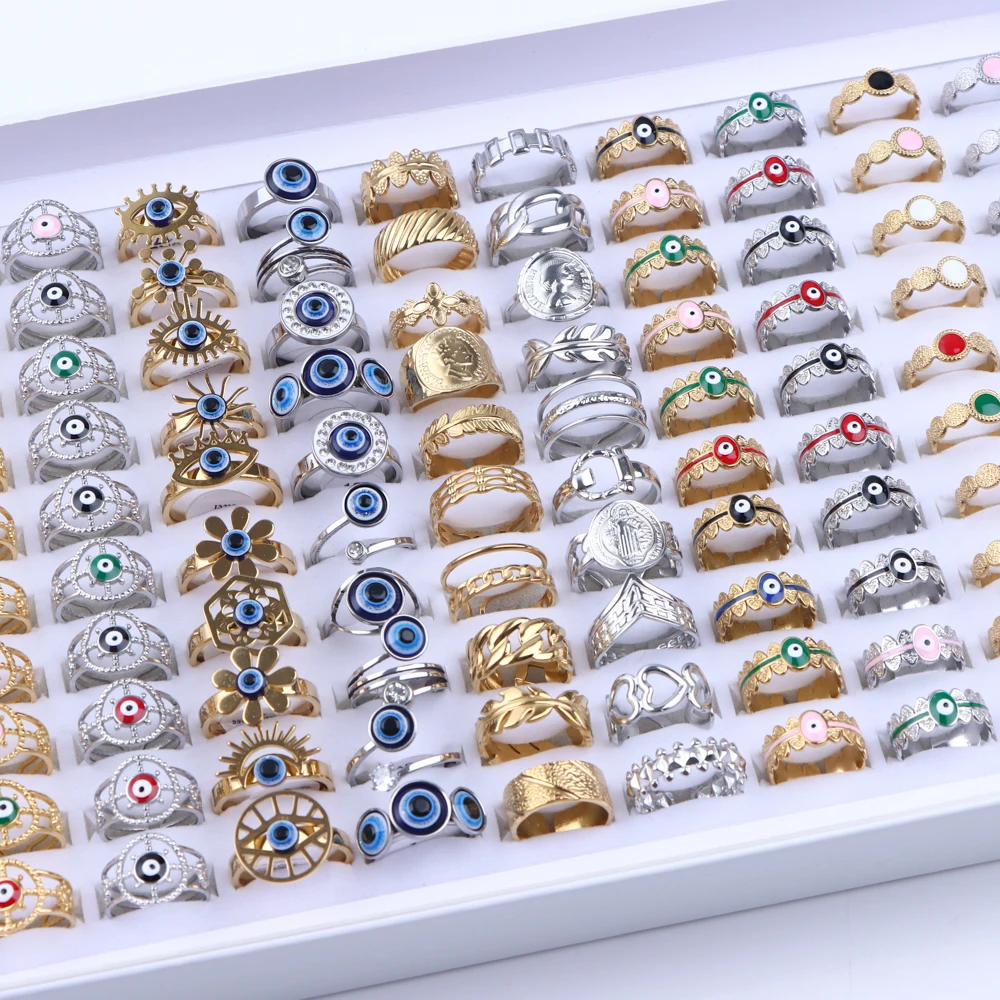 

20Pcs/Lot Fashion Stainless Steel Open Evil Eye Rings For Women Adjustable Gold Silver Plated Finger Jewelry Party Gifts