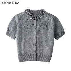 KEYANKETIAN New Launch Women's Luxury Studded Beaded Decorations O-Neck Knitted Top Button-up Dark Grey Short-Sleeved Sweater