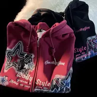Aesthetic Star Print Cardigan Zip Up Sweatshirt Men Women Autumn Winter Loose Tide Brand Couple Hooded Zip Jacket Harajuku Y2k 4