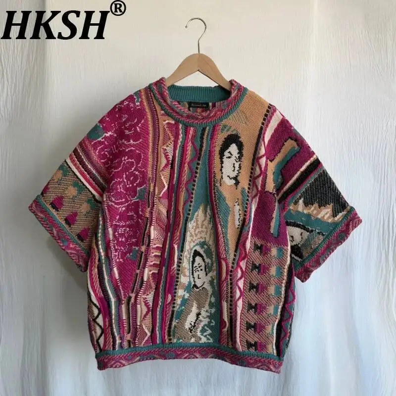 HKSH Spring Summer Men Tide Vintage Bitter Melon Pattern Portrait Niche Ethnic Knit Pullover Loose Short Sleeved Sweater HK21080