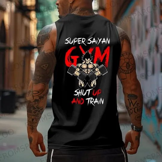 

Men's Black Vest and Dragon Ball Weightlifter Design, Muscle Sleeveless Shirt, 100% Pure Cotton Gym Exercise Clothing