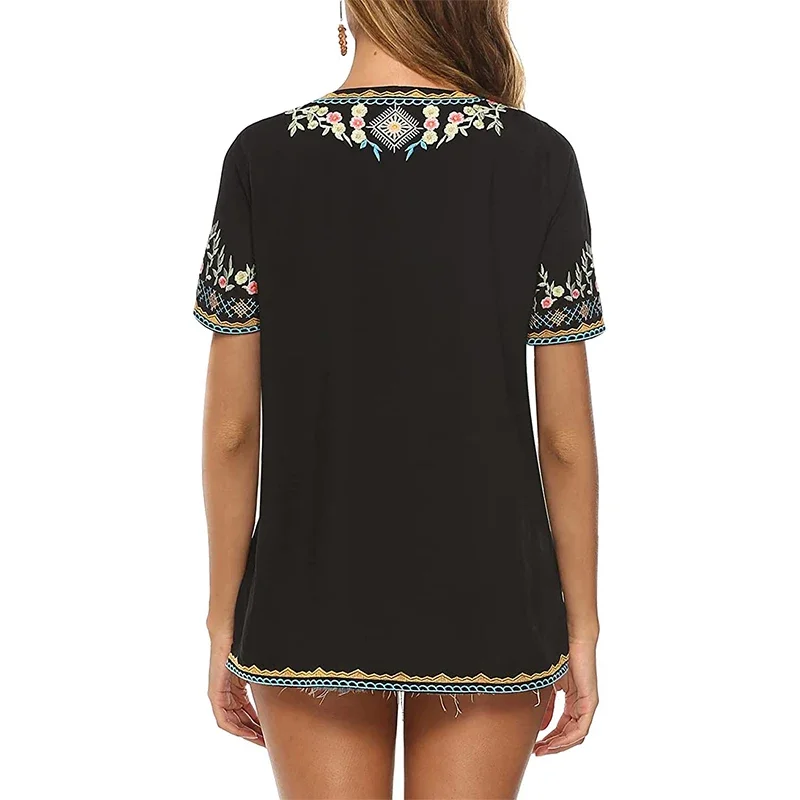 Eaeovni Mexican Boho Embroidered Tops for Women Bohemian Peasant Style Shirts Summer Short Sleeve Tunic Blouses Clothing