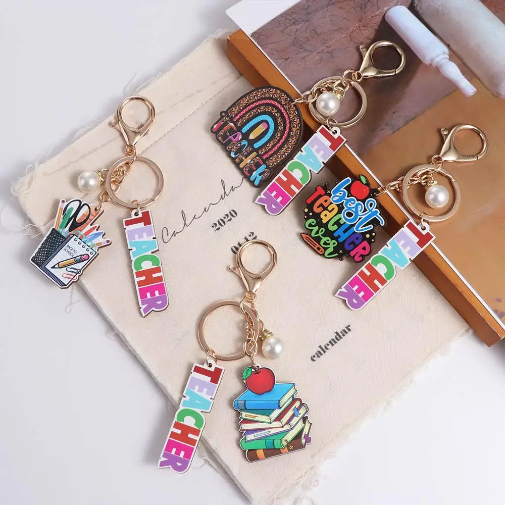 Wooden Teacher's Day Keychain Geometric Shape English Letter Text Keychain Pendant Rainbow Notebook Pen Holder Key Ring
