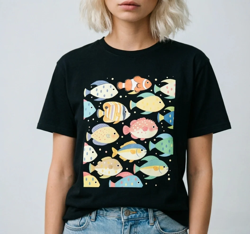 Cute Ocean Fish School Graphic T‑Shirt Vintage Cartoon Marine Animal Print Tee Casual Crew Neck Short Sleeve Loose Tops