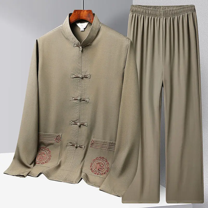 Long Sleeve Shirt Trousers Casual Men Chinese Traditional Tang Suit Men Homme Casual Kong Fu Set