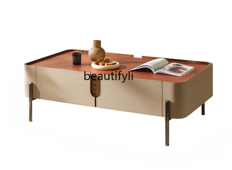 

Italian minimalist saddle leather coffee table TV cabinet light luxury small apartment high-end creative leather rounded corners