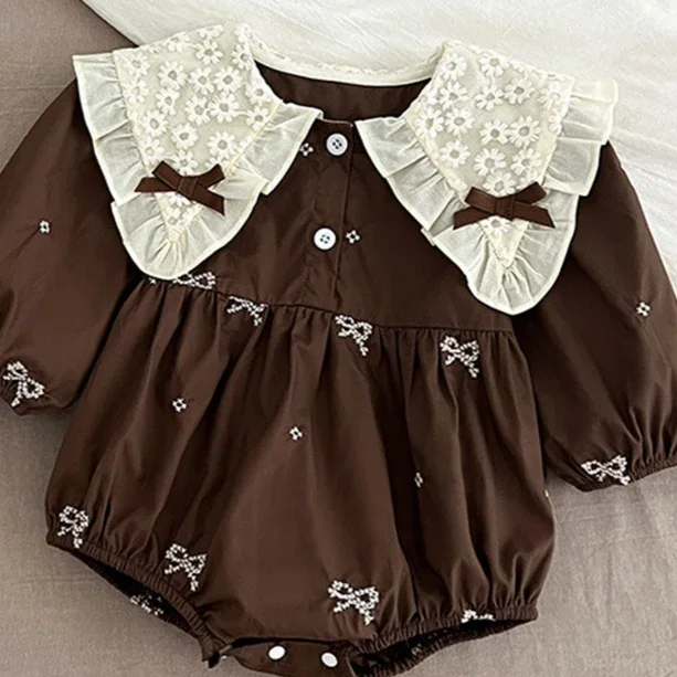

Girls Onesies 2025 Spring and Autumn New Childrens Clothes Girls Baby Embroidered Collar Bow Long-sleeved Onesies Sweet