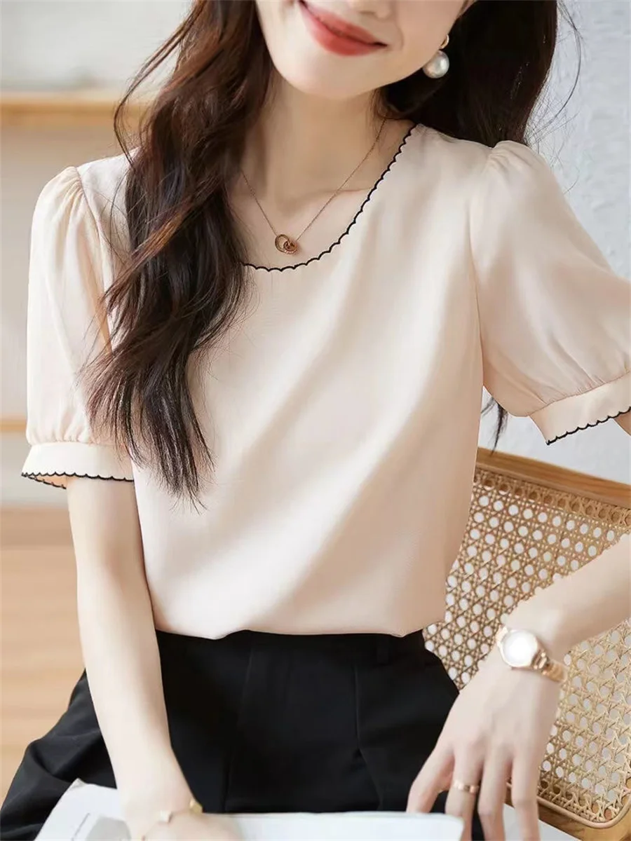 Women Summer Style Chiffon Blouses Tops Lady Casual Short Puff Sleeve O-Neck Solid Color Blusas Tops ZZ1439