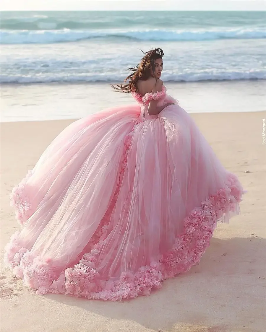 Customized Hot Pink Cloud 3D Flower Rose Dresses Long Tulle Puffy Ruffle Robe De Mariage Bridal Gown Said Mhamad Wedding