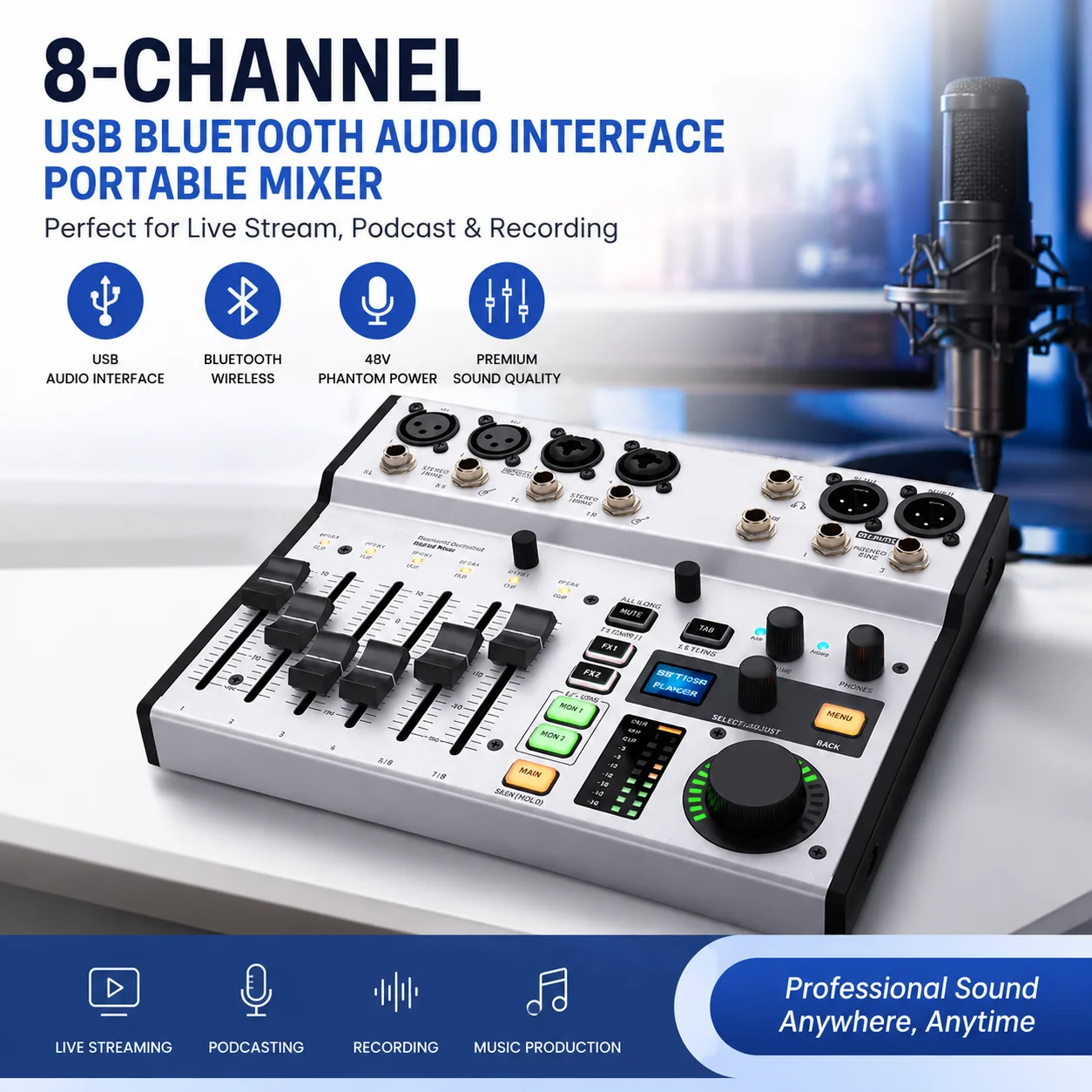 Flow8 Professional 8-Channel Digital Mixer with USB & Bluetooth Audio Interface – Portable Mixer for Live Streaming, Podcasting,