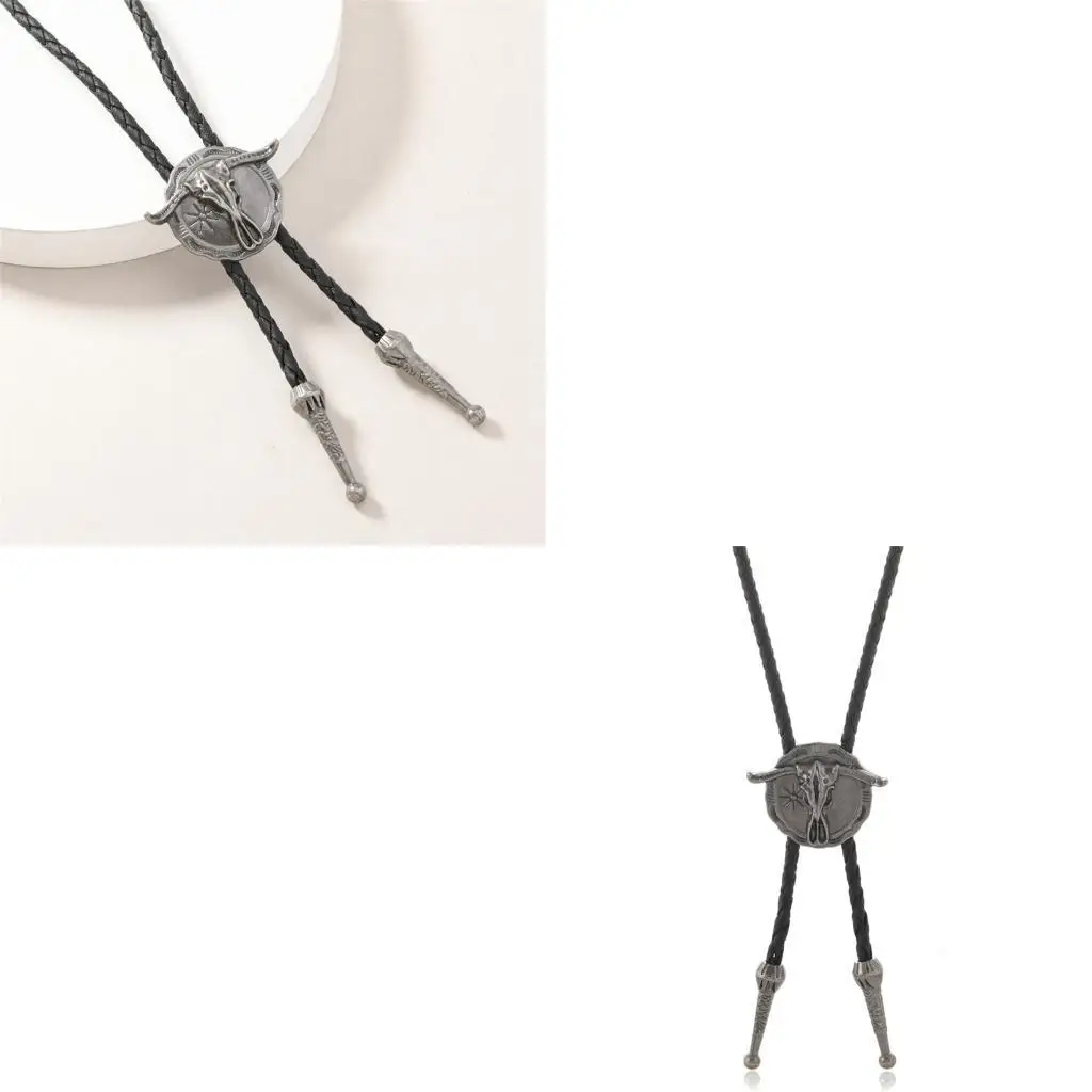 

652F Vintage Zinc Alloy Bullhead Bolo Necklace Tie Practical PU Rope Unisex Fashion Accessory For Casual Wear