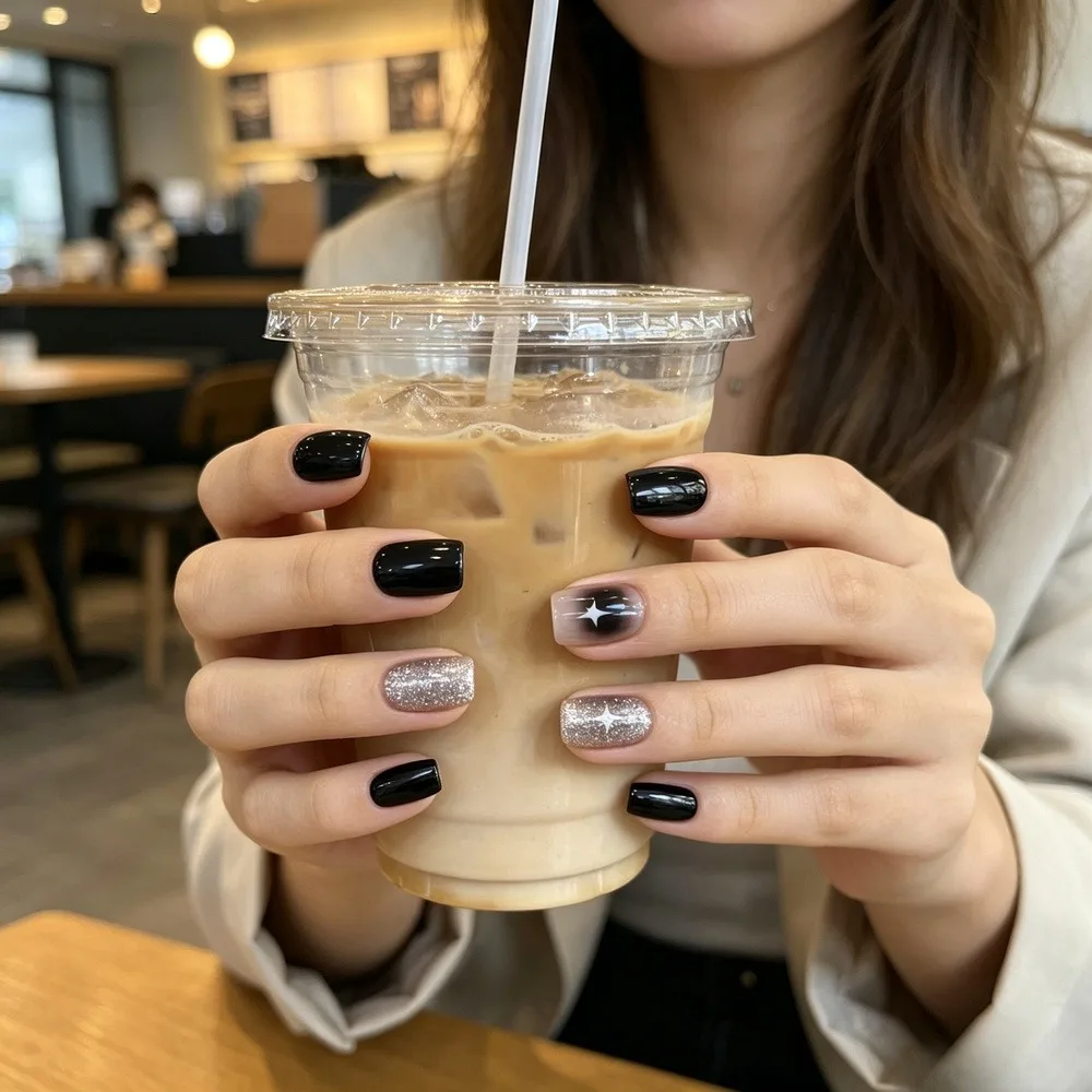 Short Square Press on Nails, Black Silver Star Glitter Fake Nails, Glossy Reusable False Nails for Daily Wear, 24 Pcs Short Square Shape with Natural Curve, Comfortable Short‑Length Design, Won’t Catch Clothes for Daily Commuting