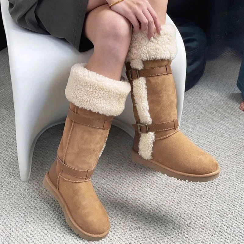 موضة شتاء جديد دافئ البقرة المدبوغ الفراء الثلوج الأحذية النسائية البني شقة لينة حذاء برقبة للركبة الفاخرة مصمم جولة تو أحذية مريحة #3