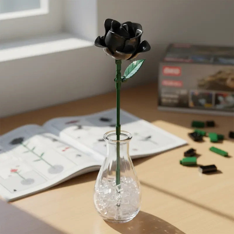 창의적인 장미 꽃다발 블록 585개 세트 고딕 로맨틱 핑크 차분한 블루 홈 데코 발렌타인 선물 아름다운 상자 포함