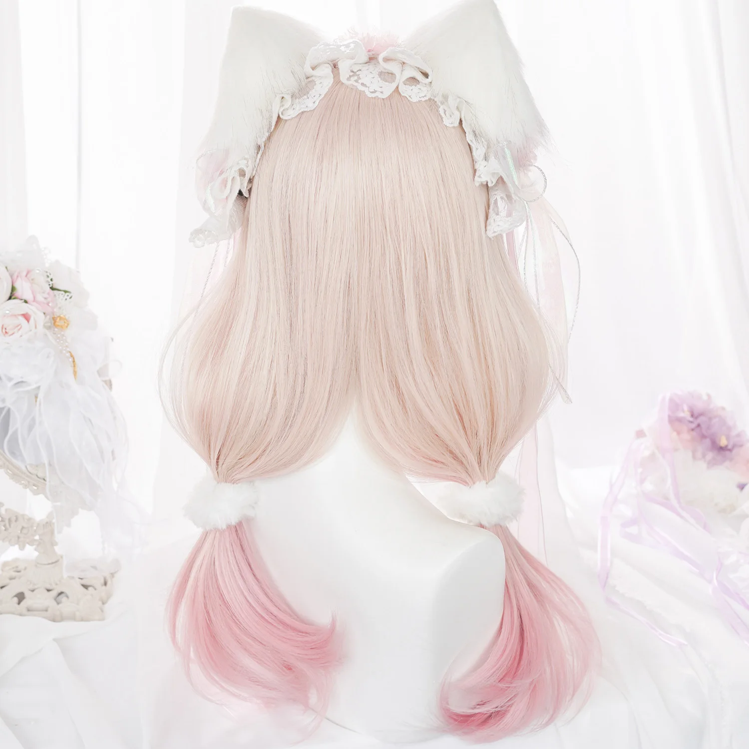 HANEROU Cos-Peluca de Lolita para mujer, pelo largo y liso sintético, color rubio y rosa, para fiesta, Cosplay