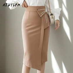 Elegant Beaded High Waist Skirts For Women Office Lady Wrap Hip Midi Skirts Stretch Casual Red Party Skirts Faldas Mujer