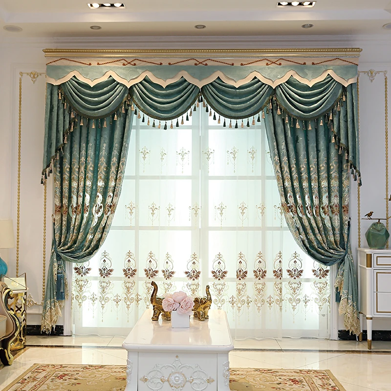 

High Quality Blue Chenille Embroidered Decorative Curtains For Living Room Study Bedroom Bedroom Kitchen Luxury Valance Curtain