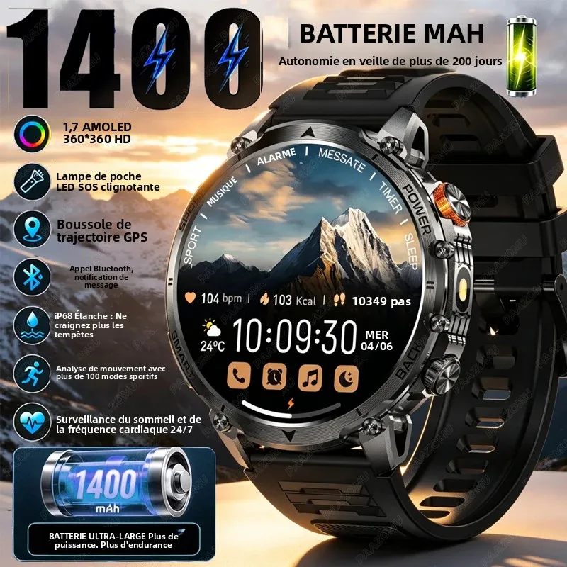 Montre connectée homme 2026, batterie 1400 mAh, écran HD 1,7 pouces, appels Bluetooth, étanche 10 ATM, suivi de fréquence cardiaque et d'activité physique, montre sport robuste