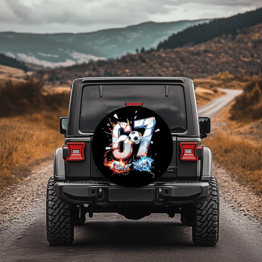 No. 67 Digital Football Flame Lightning Pattern 30/34 Inch Multi-Functional Tire Cover, Suitable For Jeeps, Trailers, RVs, SUVs,