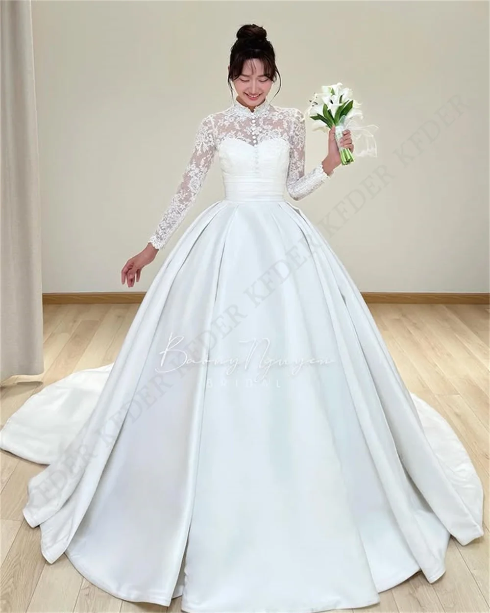 Elegant Satin Long Wedding Dress Satin Bridal Dress With Lace A Line Silhouette Bridal Ball Gown For Garden Wedding