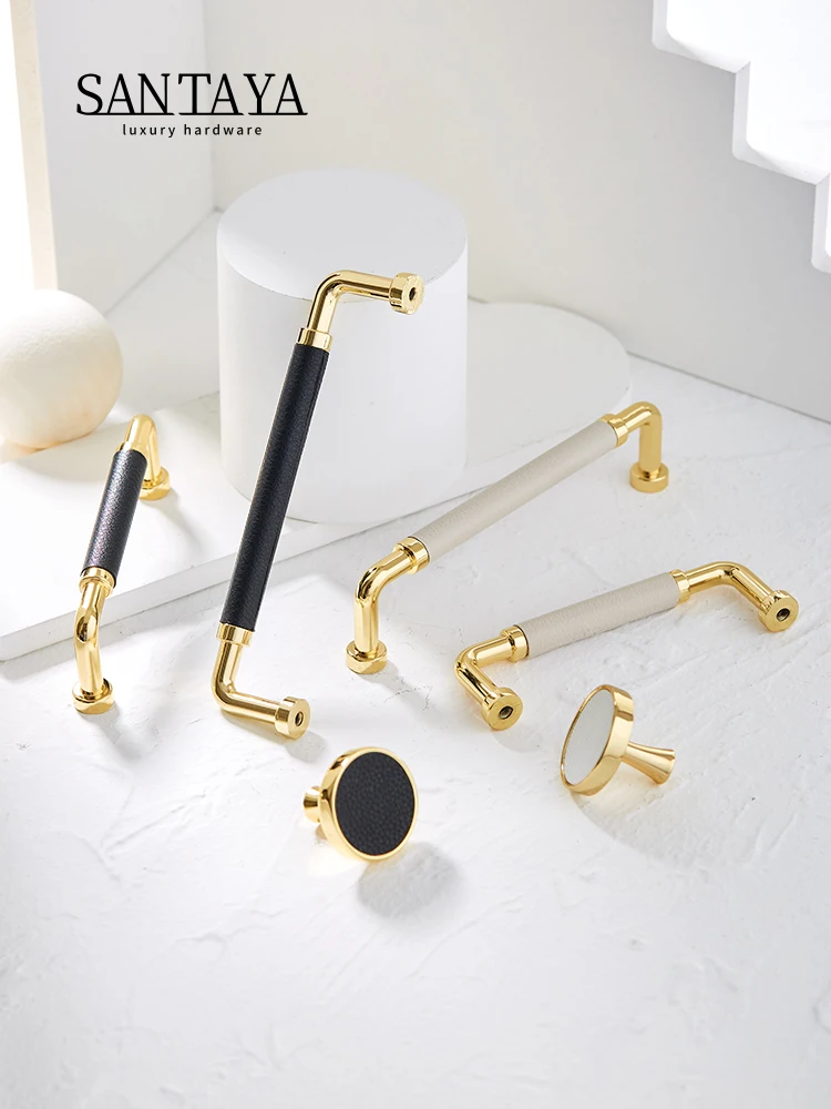 

Luxury Golden Kitchen Cabinet Handles Zinc Alloy Cowhide Drawer Wardrobe Door Handle Furniture Cabinet Drawer Pulls Leather Knob