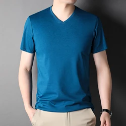 Men's Mulberry Silk Tees Summer 2023 Casual Plain V-Neck Smooth Tops Shor Sleeve Male Silk Cotton Tee Shirts