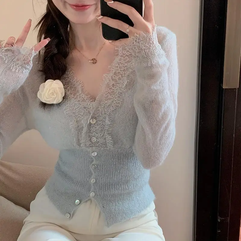 Genlte V Long Sleeve Blue Cropped Cardigan Thin Full  White Lace Shirts for Women Jumpers Slim Sweaters 2024 Fall