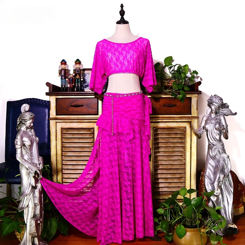 

Customized Belly Dance Costume Performance Outfit with Lace Wrapped Buttocks and Slit Skirt Set Samba Carnival Costumes