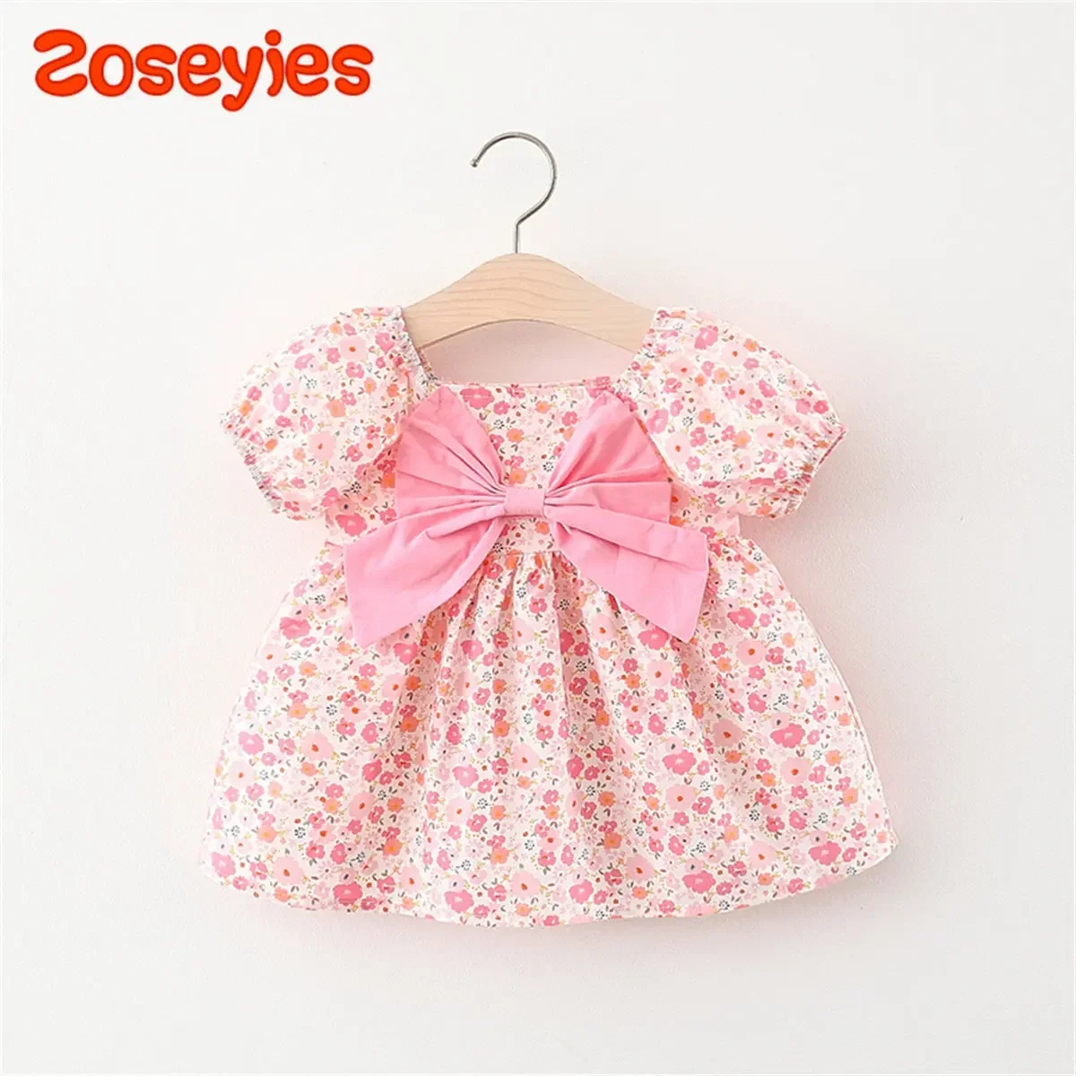 Summer New Girls\' Dress Bubble Sleeve Bow Ribbon Floral A-line Dress Birthday Party Team Dress Casual (0-3 Years Old Girls)